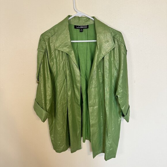 Linear Womens Lime Green Cardigan Linen Blend Jacket 2X India Open Front Pockets - Picture 8 of 10